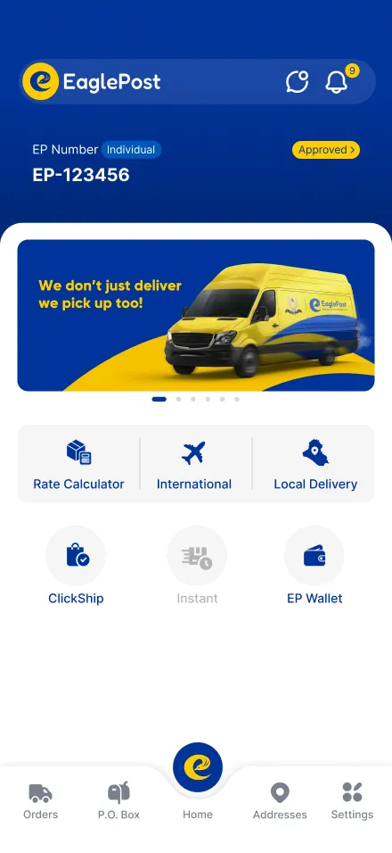 EaglePost customer app showing delivery services, rate calculator and shipment tools