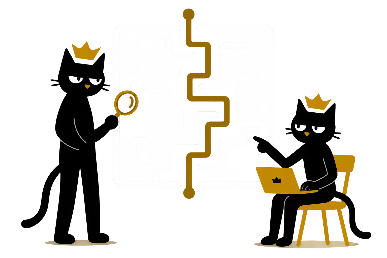Two crowned cats investigating a maze and finding a clear route through it.